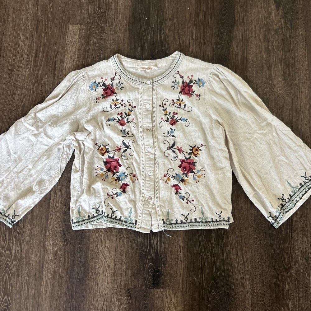 SOLITAIRE Needlepoint Floral Shirt Cropped Linen Blend Bell Sleeve Button Up M - Picture 2 of 8
